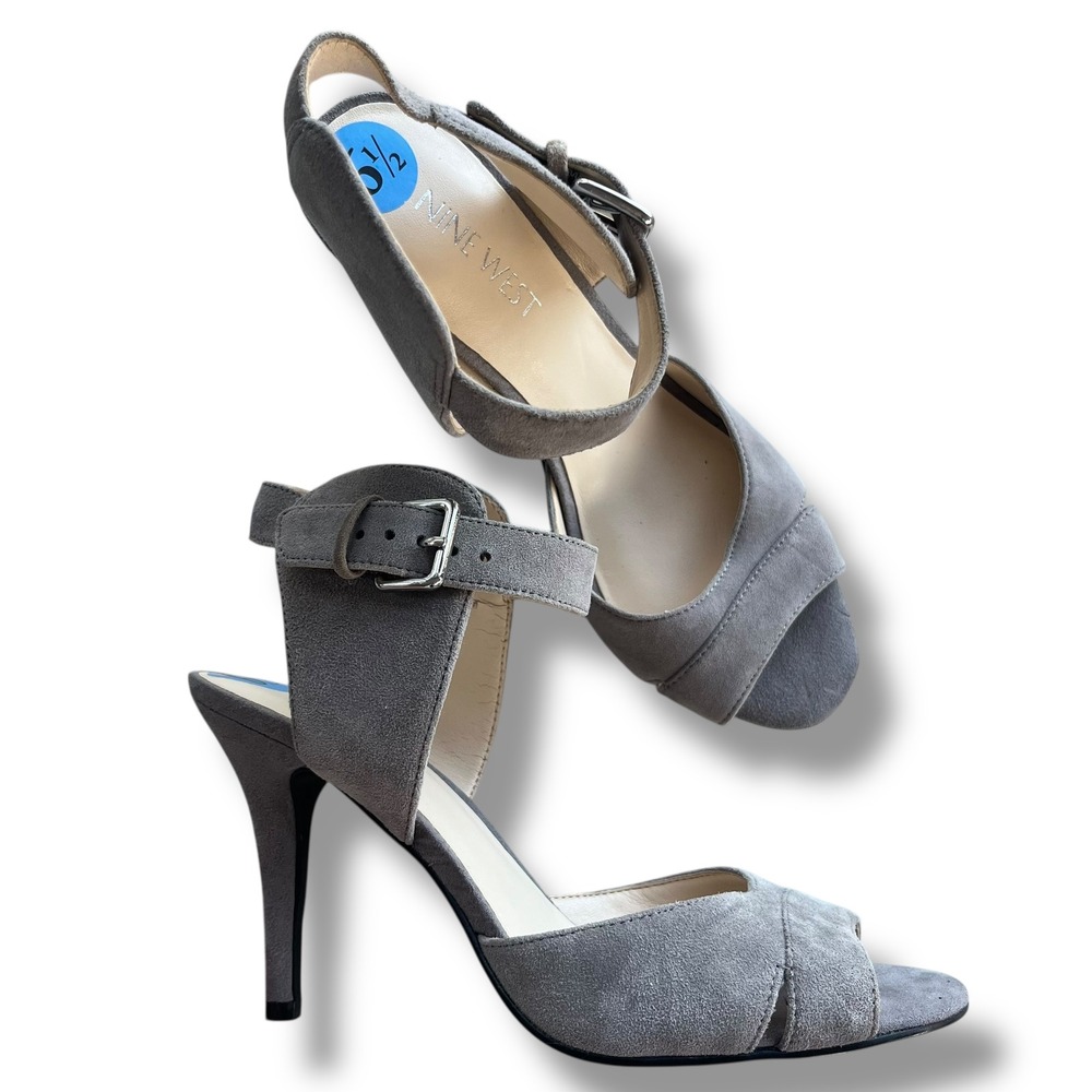 Nine West Womens 6.5 Grey Suede  Leather Adaline Peep Toe Ankle Strap Heels Chic